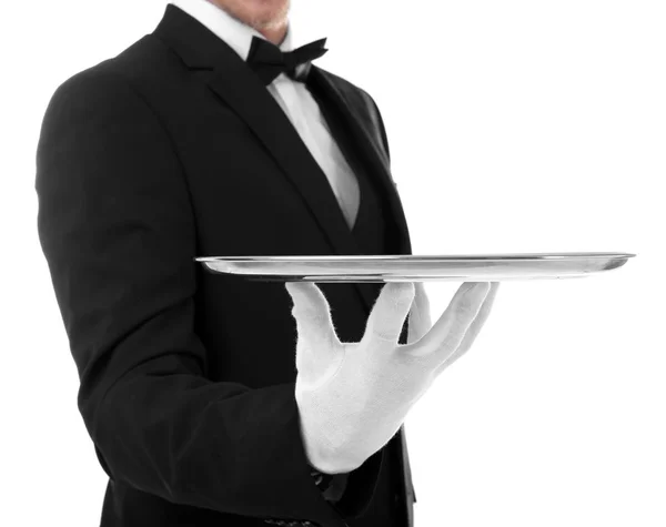 Νεαρά σερβιτόρος με δίσκο — Φωτογραφία Αρχείου