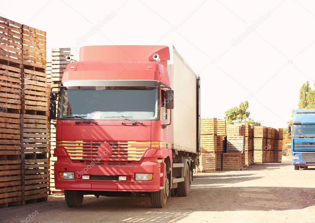 Trucks beside empty wooden crates for harvesting