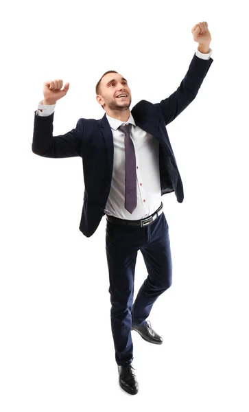 Young emotional business coach on white background — Stock Photo, Image