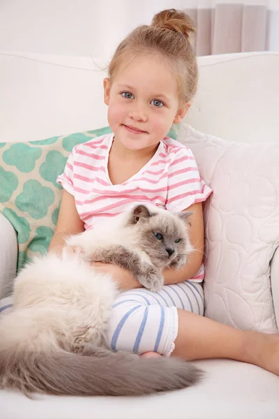 Linda Niña Sentada Sillón Con Gato Esponjoso — Foto de Stock