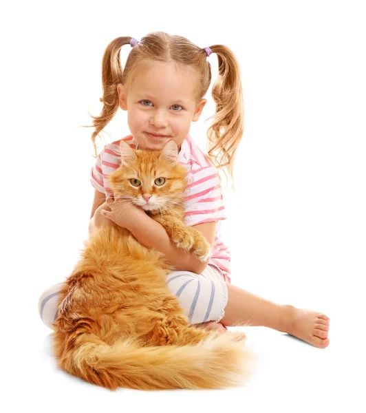 Schattig klein meisje met rode kat — Stockfoto