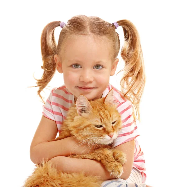 Cute little girl with red cat — Stock Photo, Image