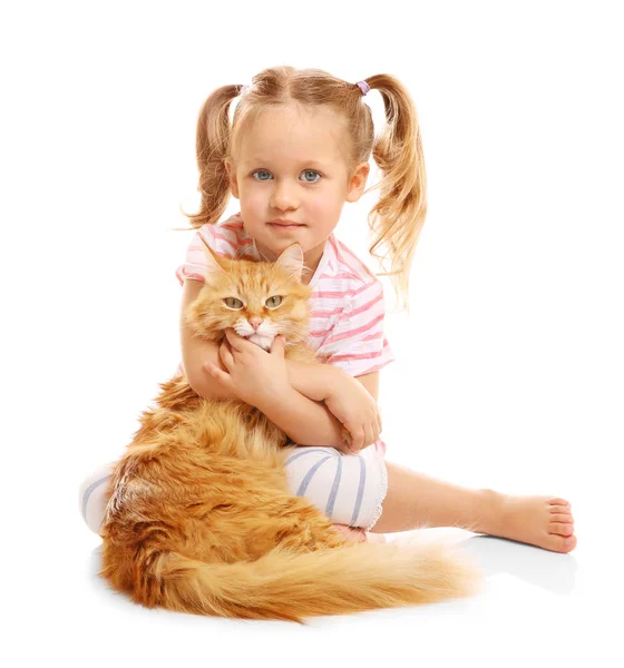 Cute little girl with red cat — Stock Photo, Image