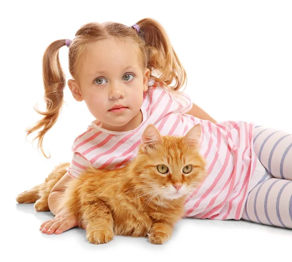 可爱的小女孩，与红猫 — 图库照片