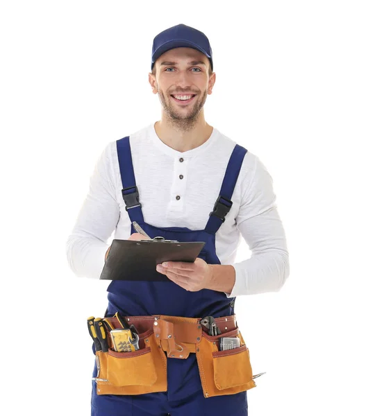 Plumber in uniform holding clipboard — Stock Photo, Image