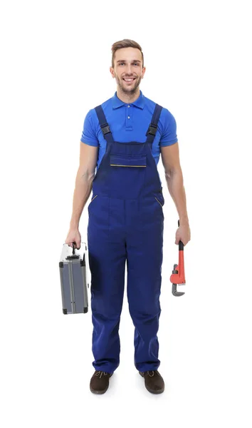Mavi üniformalı tesisatçı — Stok fotoğraf