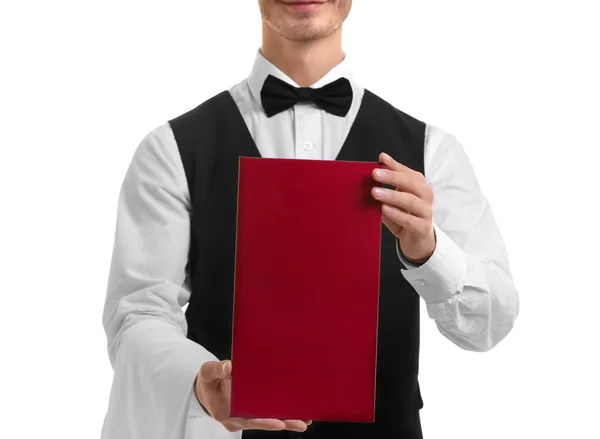 Camarero sosteniendo menú rojo —  Fotos de Stock