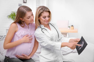 Kadın hastalıkları Danışma. Hamile kadın ultrason resmini gösteren doktor