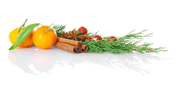 Mandarijnen, specerijen en naaldhout takken — Stockfoto