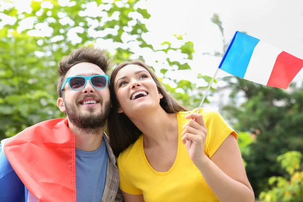 Aficionados Emocionales Fútbol Con Bandera Francia Aire Libre —  Fotos de Stock