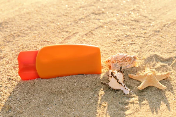 Solkräm, snäckor och sjöstjärnor på sand — Stockfoto