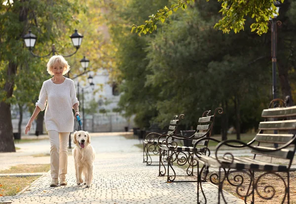 Mulher sênior andando com cão — Fotografia de Stock