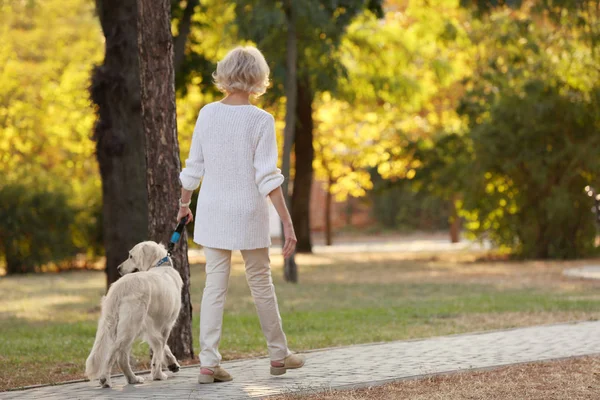 Senior Kvinna promenader med hunden — Stockfoto