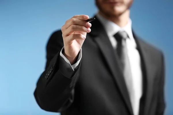 Businessman Hand Pointing Blue Background — Stock Photo, Image