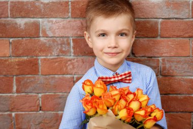 boy with bouquet of beautiful flowers clipart