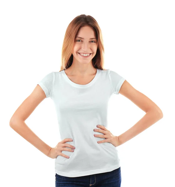 Ung kvinde i blank t-shirt - Stock-foto