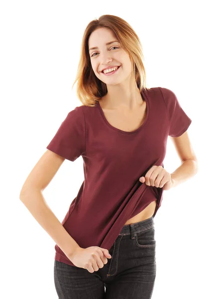 Mladá žena v prázdné tričko — Stock fotografie