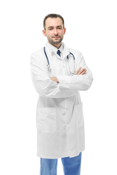 Pohledný Muž Doktor Bílém Pozadí — Stock fotografie