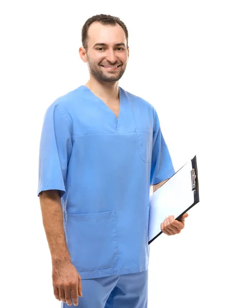 Bonito Médico Masculino Com Área Transferência Fundo Branco — Fotografia de Stock