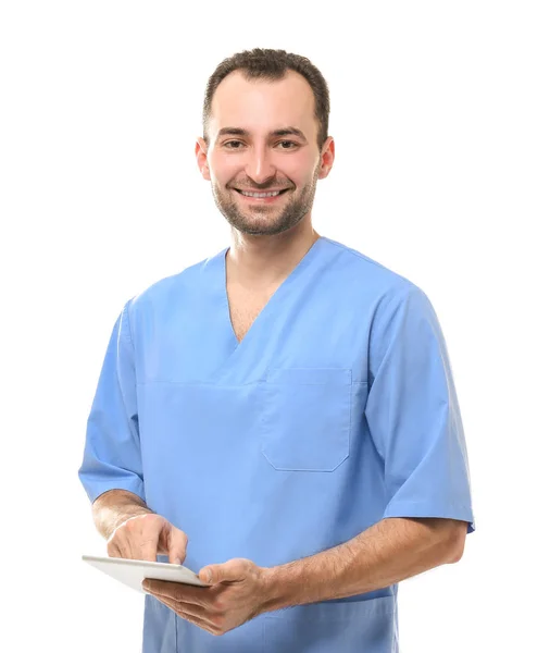 Όμορφος Αρσενικό Γιατρός Tablet Λευκό Φόντο — Φωτογραφία Αρχείου