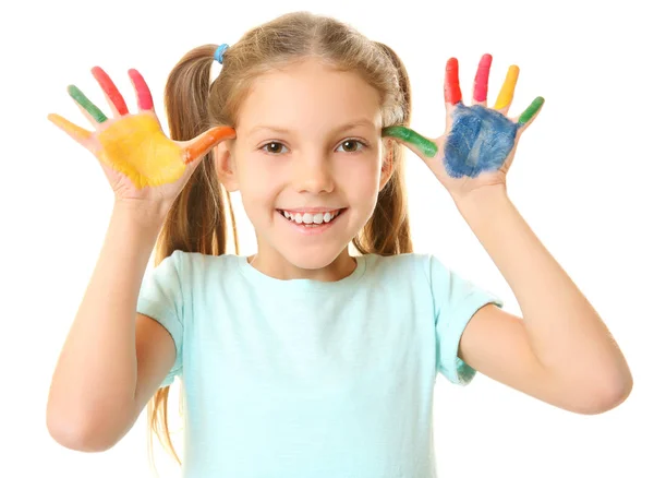 Cute girl with palms in paint — Stock Photo, Image