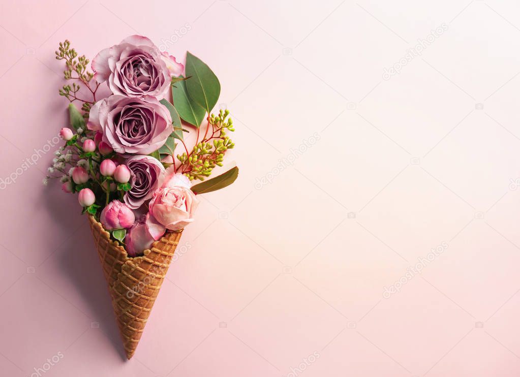 Waffle cone with composition of flowers