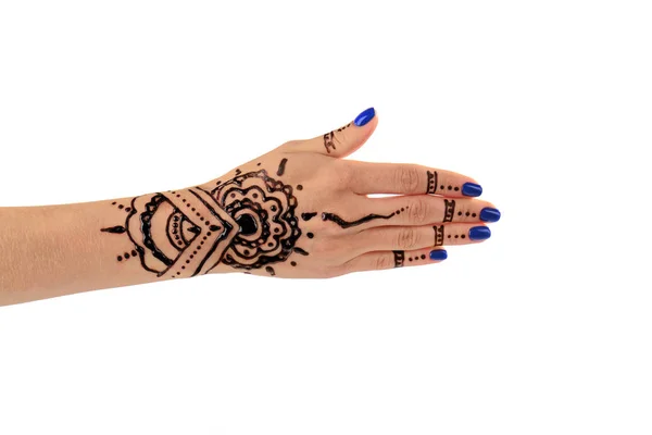 Mão Feminina Com Tatuagem Henna Isolada Branco — Fotografia de Stock