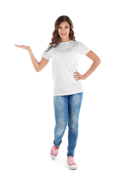 Young woman in blank t-shirt — Stock Photo, Image