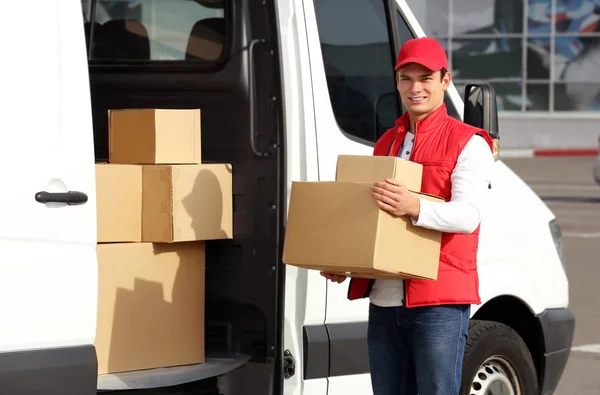 Young Male Courier Parcels Delivery Service Van — Stock Photo, Image