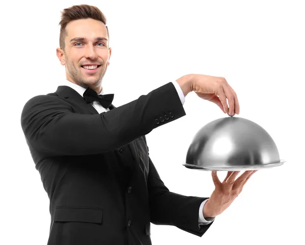 Cameriere con vassoio metallico — Foto Stock