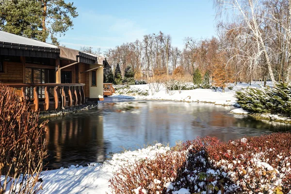 Hermoso parque de invierno con estanque — Foto de Stock