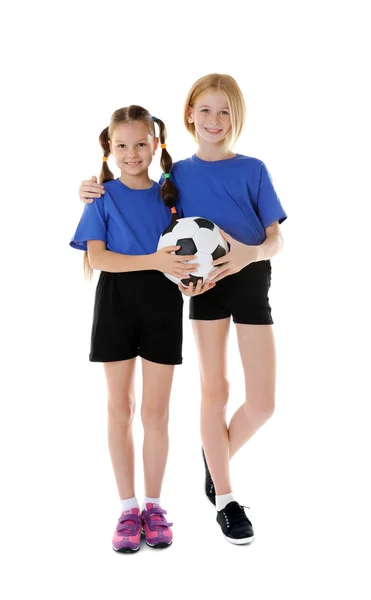 Chicas Lindas Con Pelota Fútbol Sobre Fondo Blanco — Foto de Stock