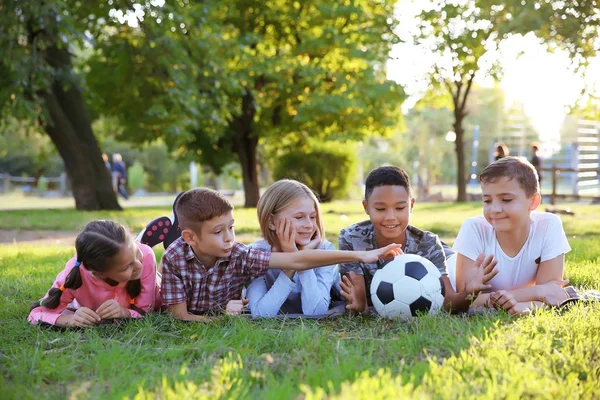 Cute kids with sport ball on green grass — Stock Photo, Image