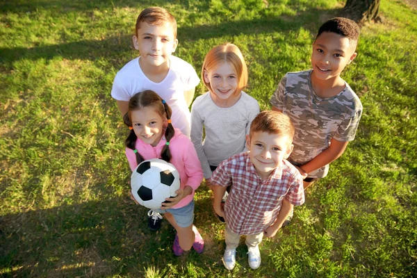 Yeşil çimenlerin üzerinde topu ile oynayan sevimli çocuklar — Stok fotoğraf