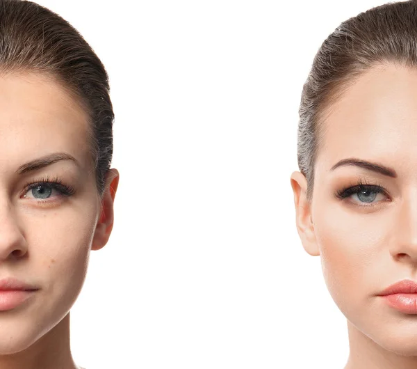 Kvinna Ansikte Före Och Efter Professionell Makeup Ansökan Vit Bakgrund — Stockfoto