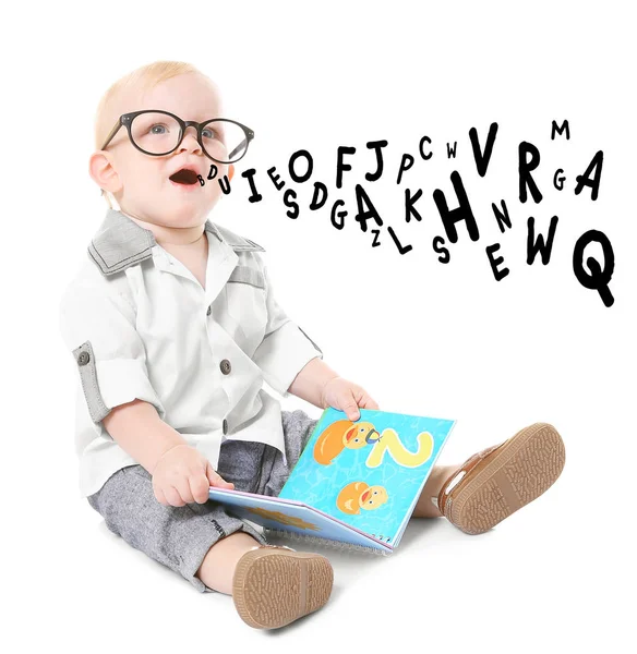Little Boy Glasses First Book Alphabet Letters White Background Speech — Stock Photo, Image