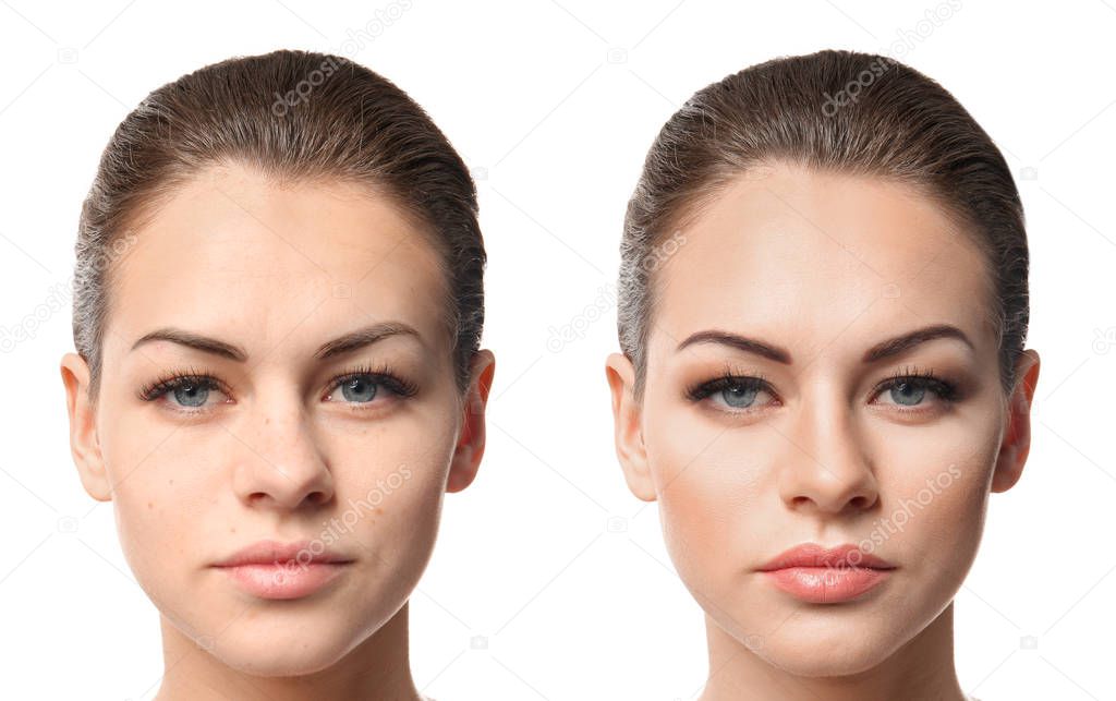 Woman face before and after professional makeup application, white background. Beauty concept
