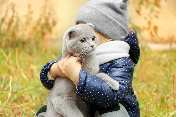 Очаровательная маленькая девочка с пушистой кошкой — стоковое фото