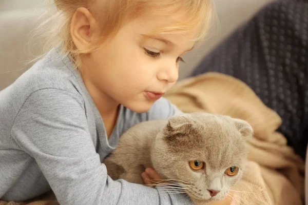 Schattige kleine meisje omhelst kat — Stockfoto