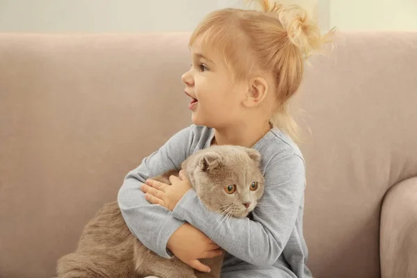 Kleines Mädchen umarmt süße Katze — Stockfoto