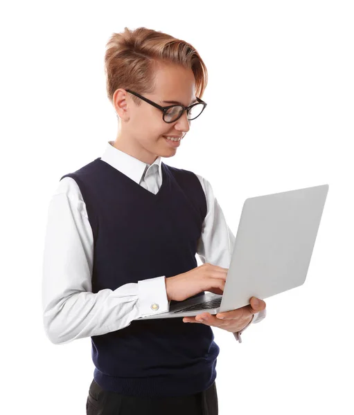 Teenage boy holding laptop — Stock Photo, Image