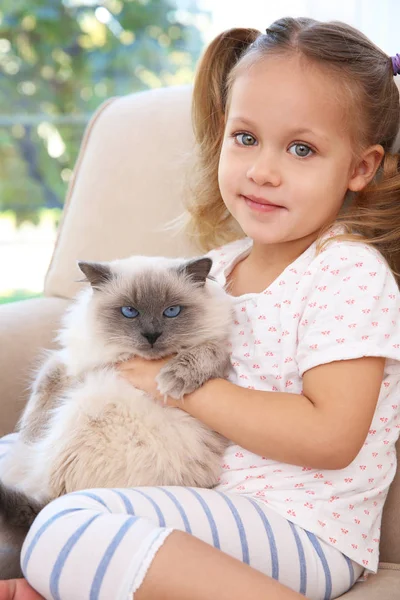 Schattig klein meisje met pluizige kat — Stockfoto