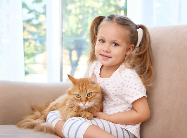 Kırmızı kedi ile sevimli küçük kız — Stok fotoğraf