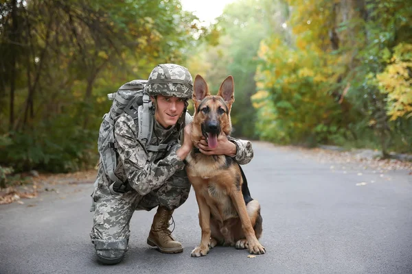 Soldado Com Cão Trabalho Militar Estrada Asfalto Floresta — Fotografia de Stock