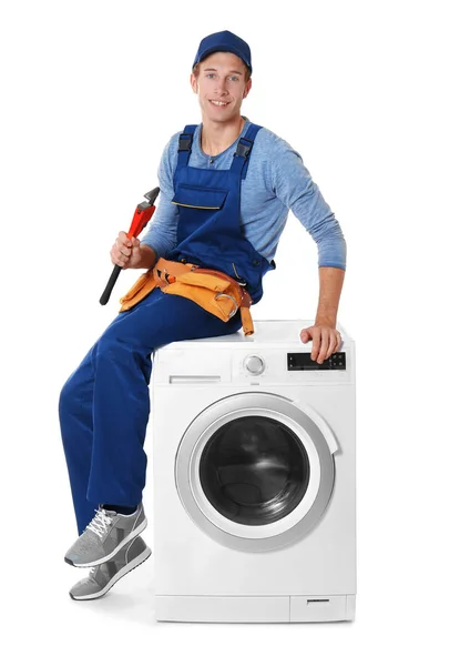 Plumber with washing machine — Stock Photo, Image