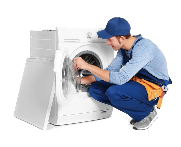 Plumber with washing machine — Stock Photo, Image