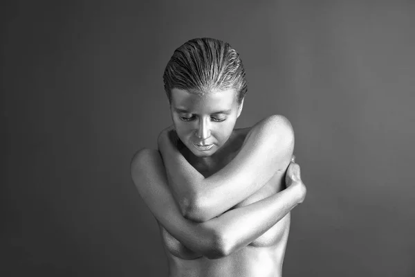 Woman painted with silver paint — Stock Photo, Image