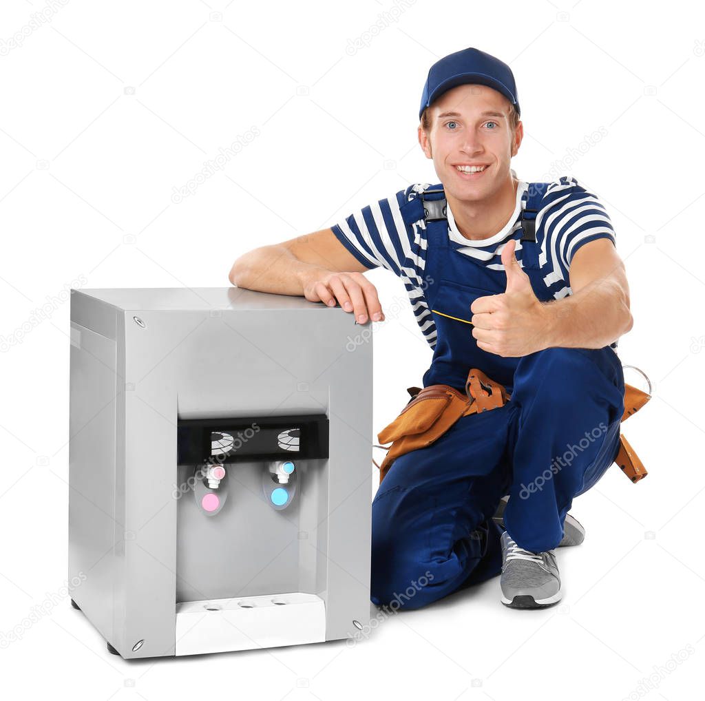 Specialist with water cooler on white background
