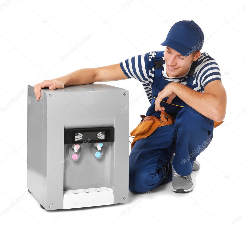 Specialist with water cooler on white background