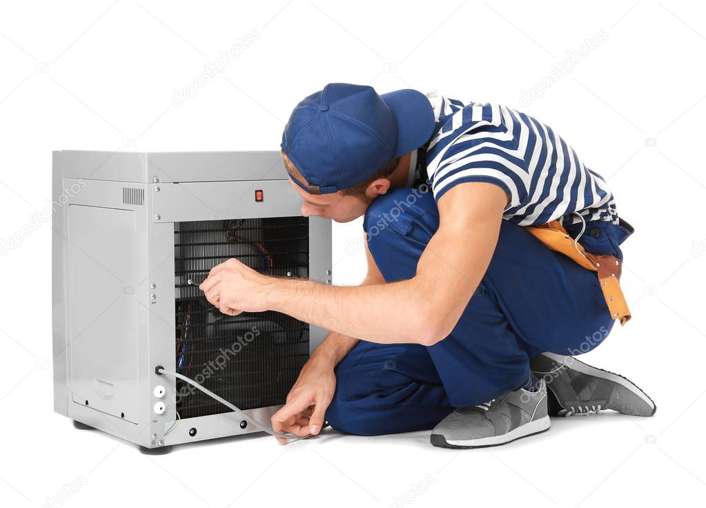 Specialist with water cooler on white background